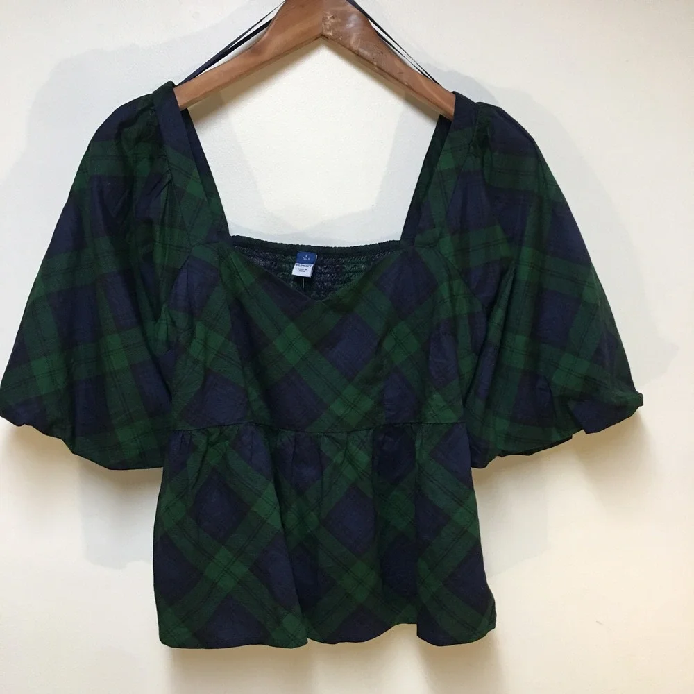 Old Navy Plaid Puff Sleeve Blouse Women Small Tall Green Navy Peplum Top